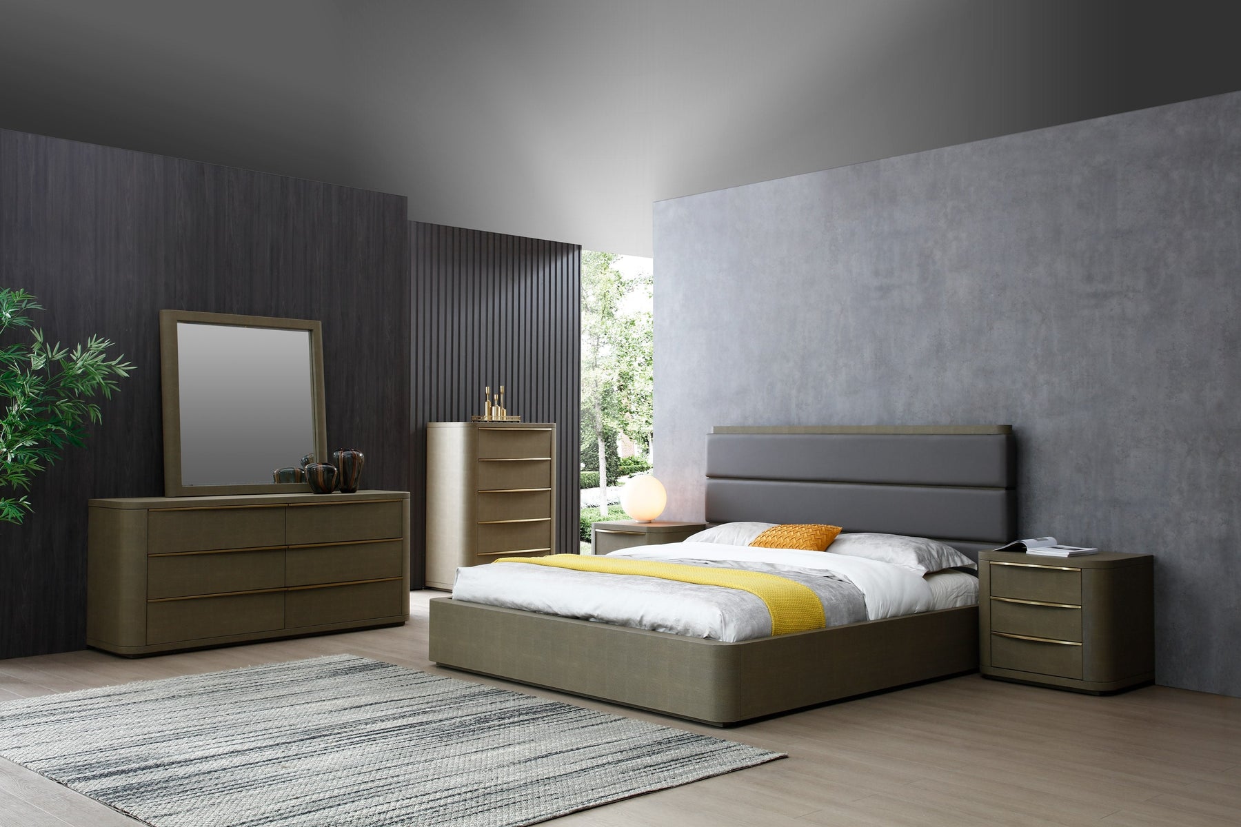 Lois - Modern Grey Leather & Beige Shagreen Bedroom Set