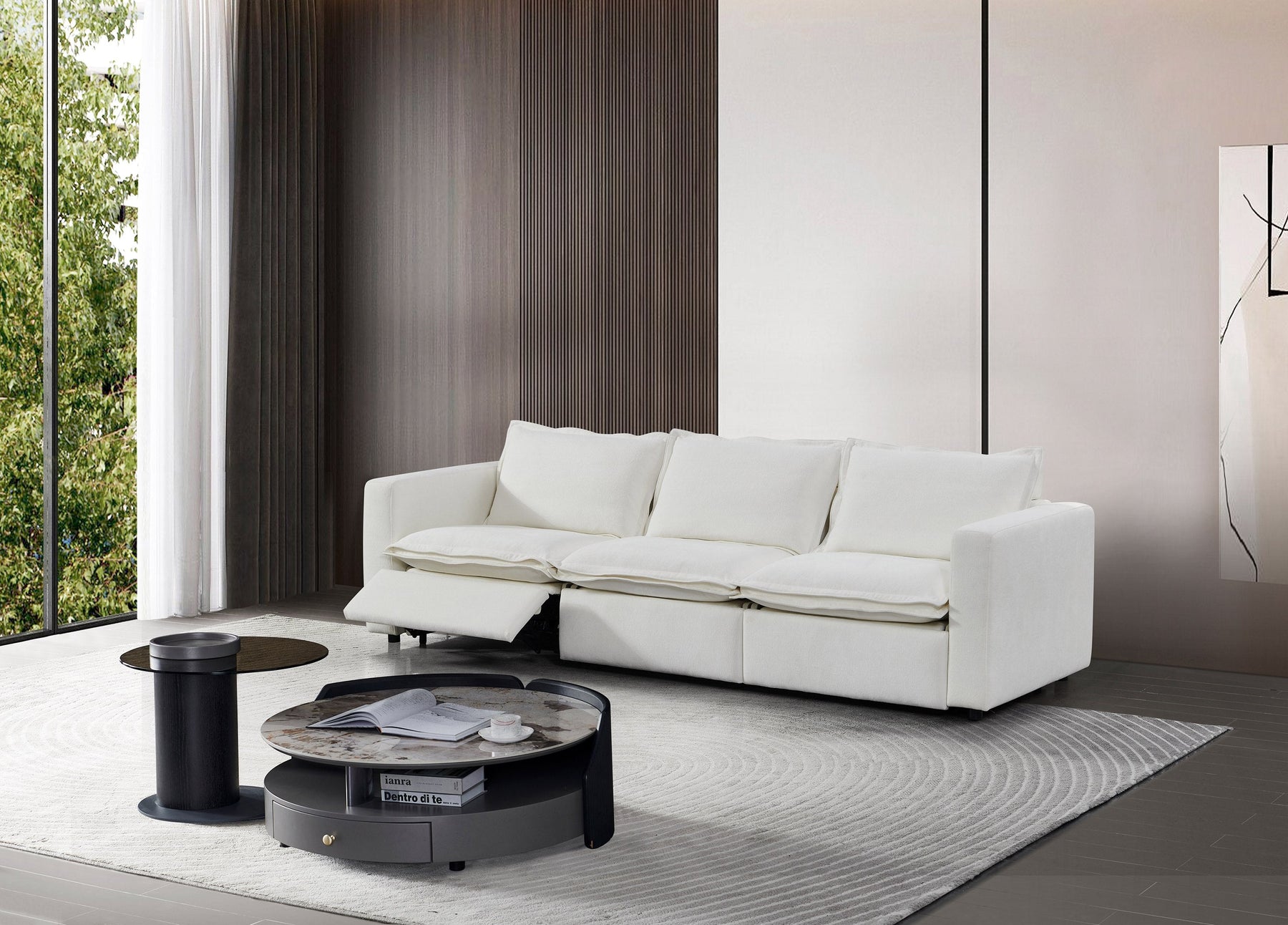 Almagre - Modern White Fabric Sofa w/ 3 Electric Recliners