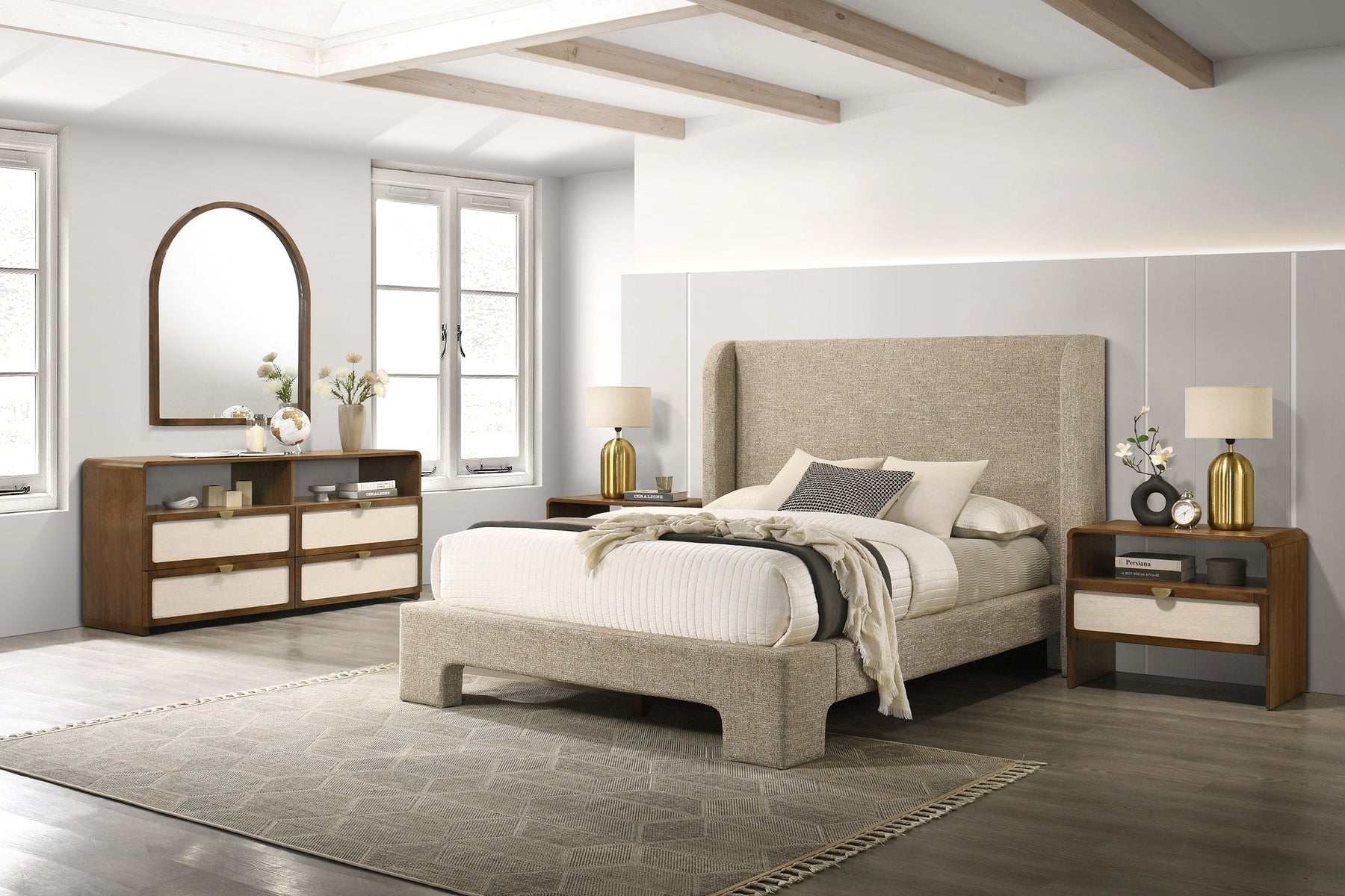 Emilio - Modern Beige Fabric + Burlap + Walnut 4-Piece Bedroom Set