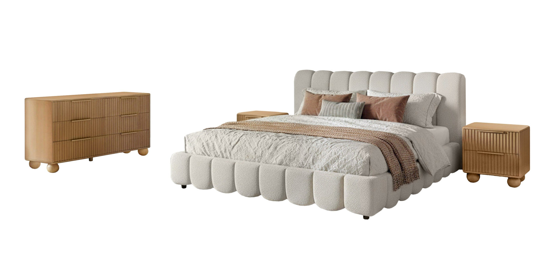 Harris + Winters - Modern Off-White Fabric + Natural Oak 4-Piece Bedroom Set