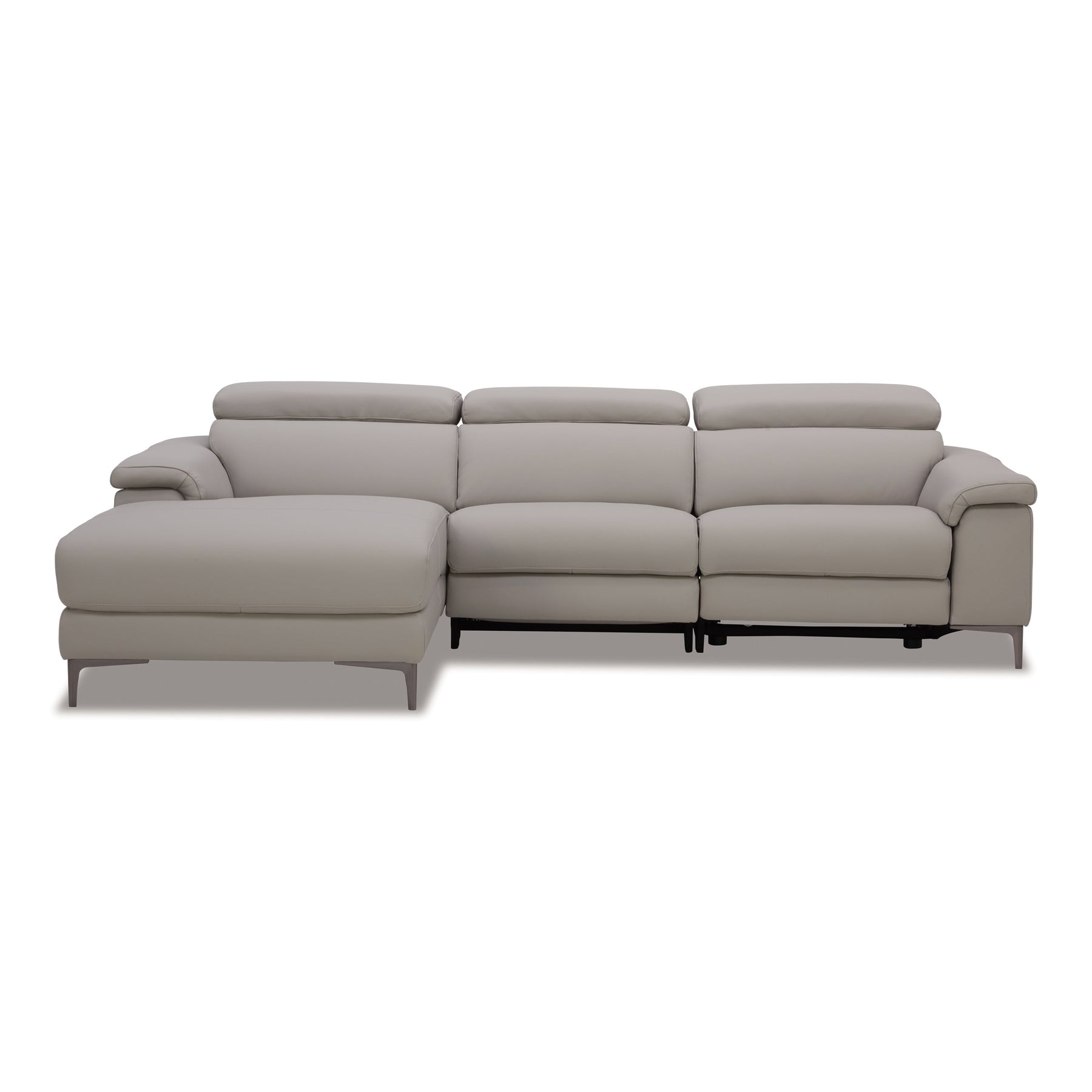 Meidas - Modern Light Grey Leather Sectional Sofa + 2 Recliners - Left Facing Chaise