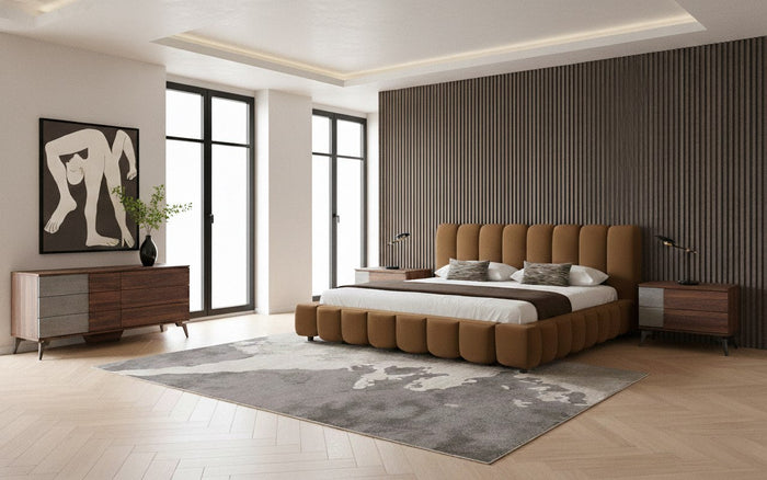 Harris + Palermo - Modern Brown Fabric + Faux Concrete & Walnut 4-Piece Bedroom Set