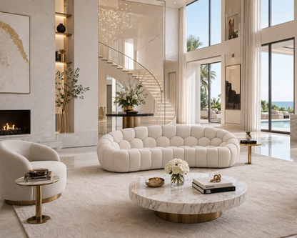 Modern living room with a white sofa, marble coffee table, and large windows.