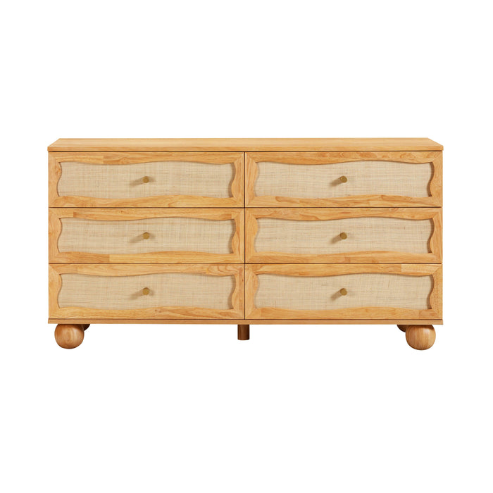 Grappa 62" Natural Wood & Raffia Wavy 6-Drawer Dresser