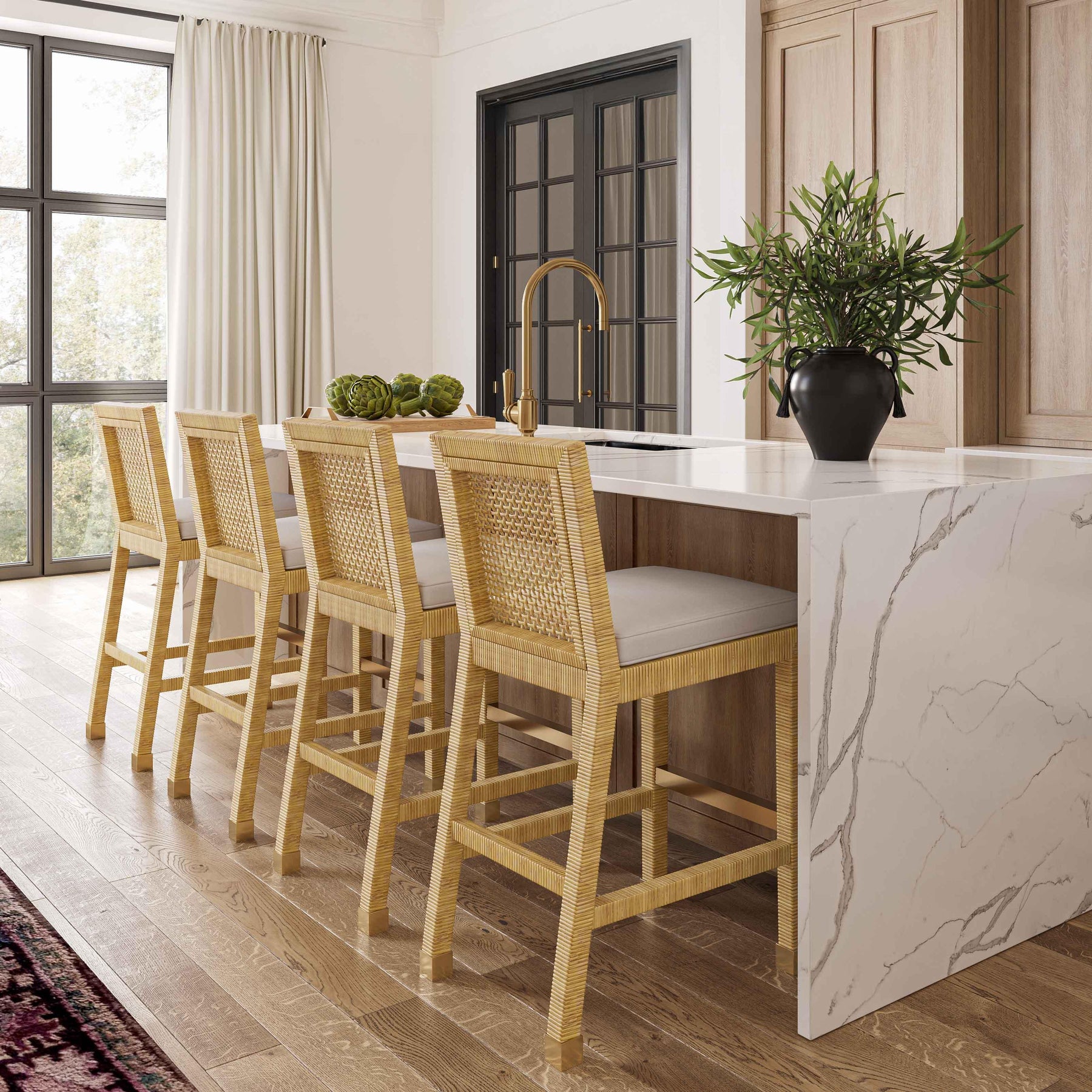 Amara Rattan & Cream Contract-Grade Linen Stool