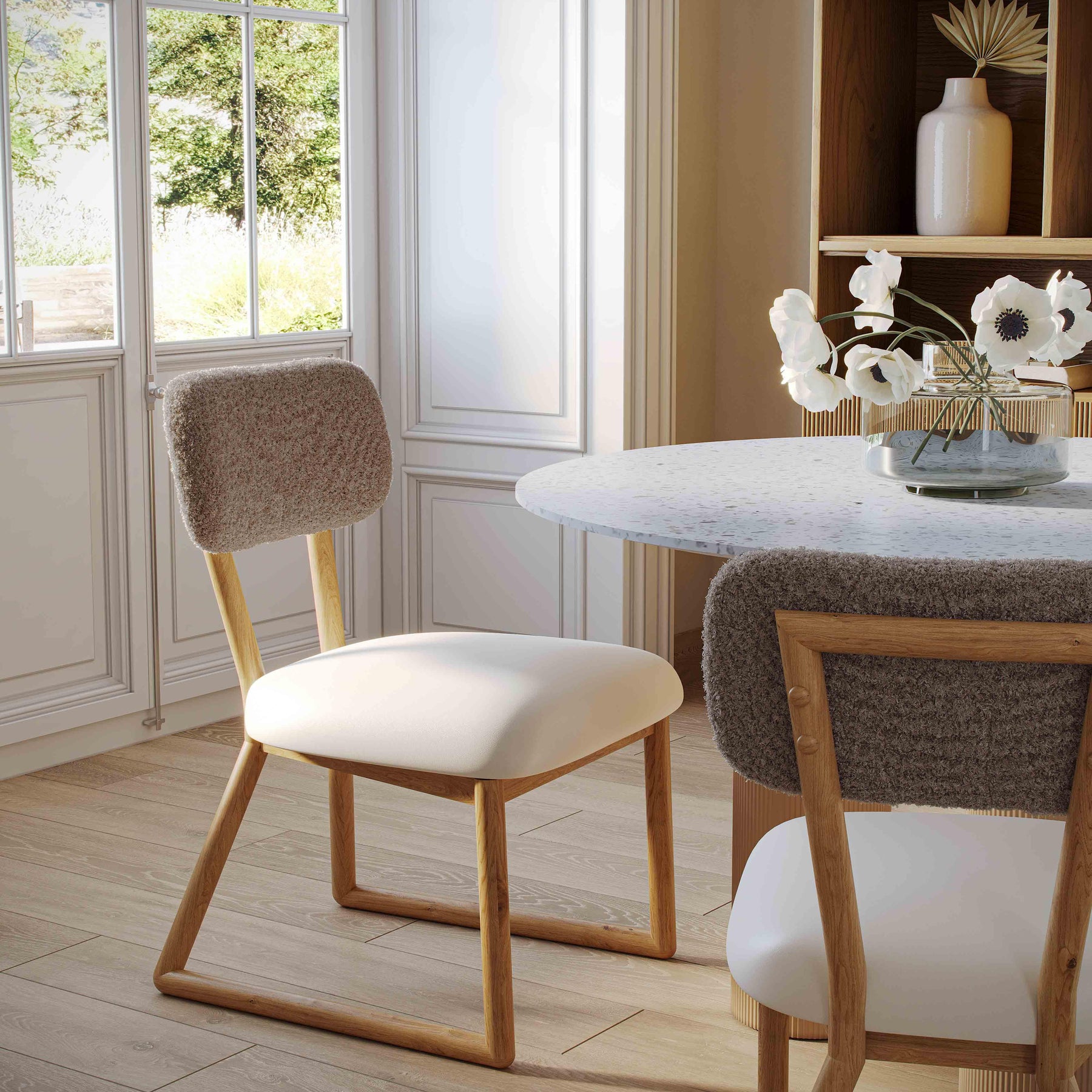 Bobbie Cream Performance Vegan Leather and Grey Vegan Shearling Dining Chair