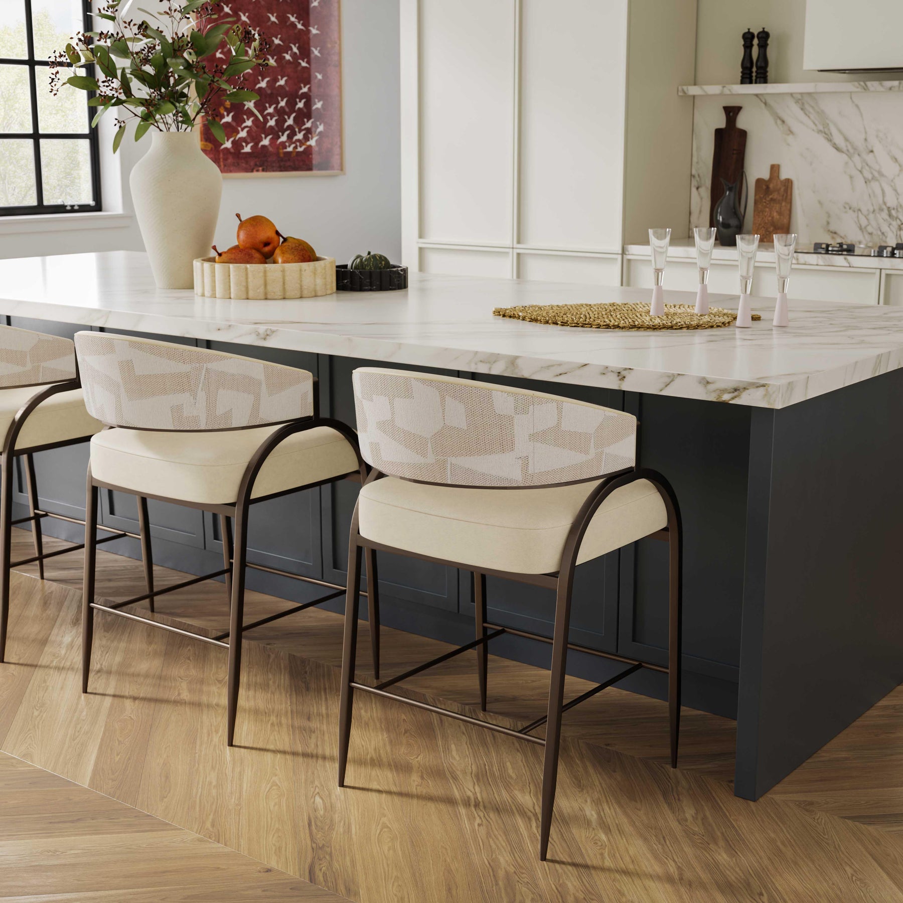 Tatum Cream 2-Tone Performance Vegan Leather and Jacquard Counter Stool