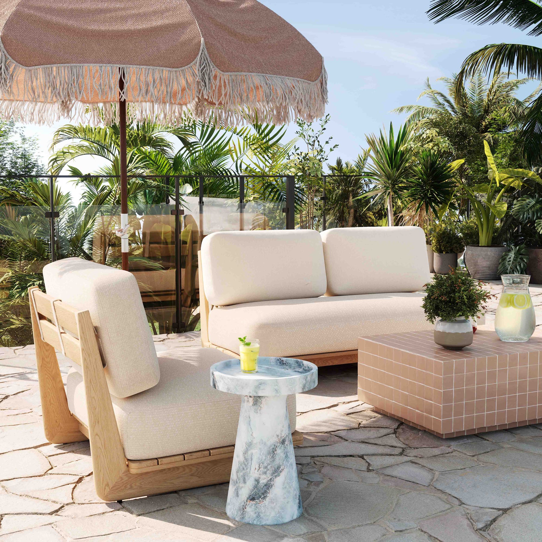 Reavan 67" Cream Performance Fabric Outdoor Lounge Sofa