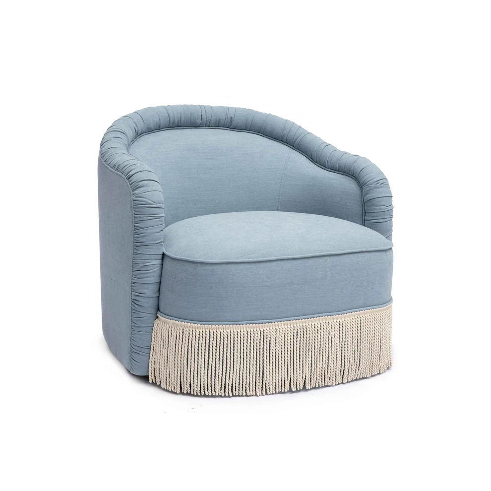 Pamela Faded Blue Upcycled Performance Fabric Tasseled Lounge Accent Chair