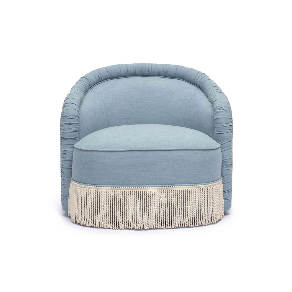 Pamela Faded Blue Upcycled Performance Fabric Tasseled Lounge Accent Chair