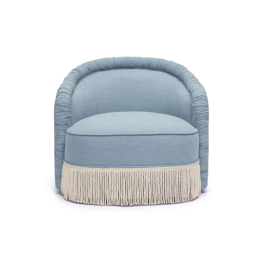 Pamela Faded Blue Upcycled Performance Fabric Tasseled Lounge Accent Chair