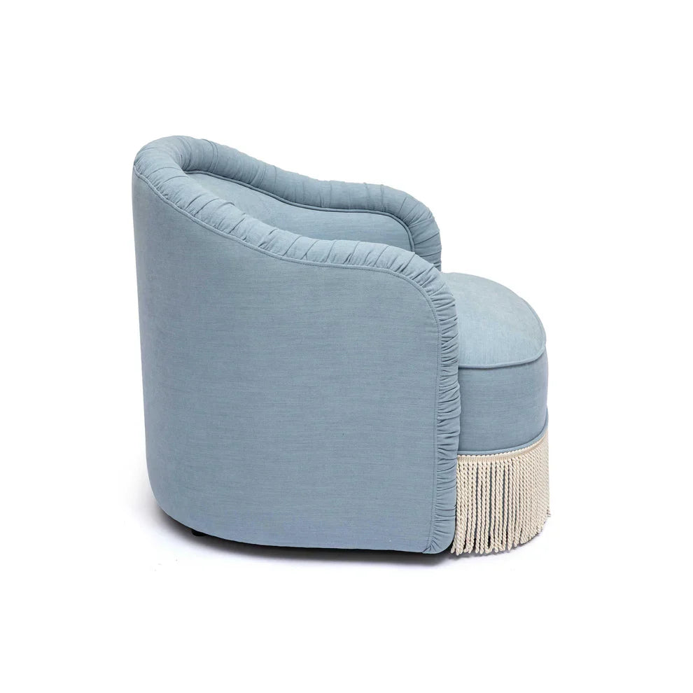 Pamela Faded Blue Upcycled Performance Fabric Tasseled Lounge Accent Chair