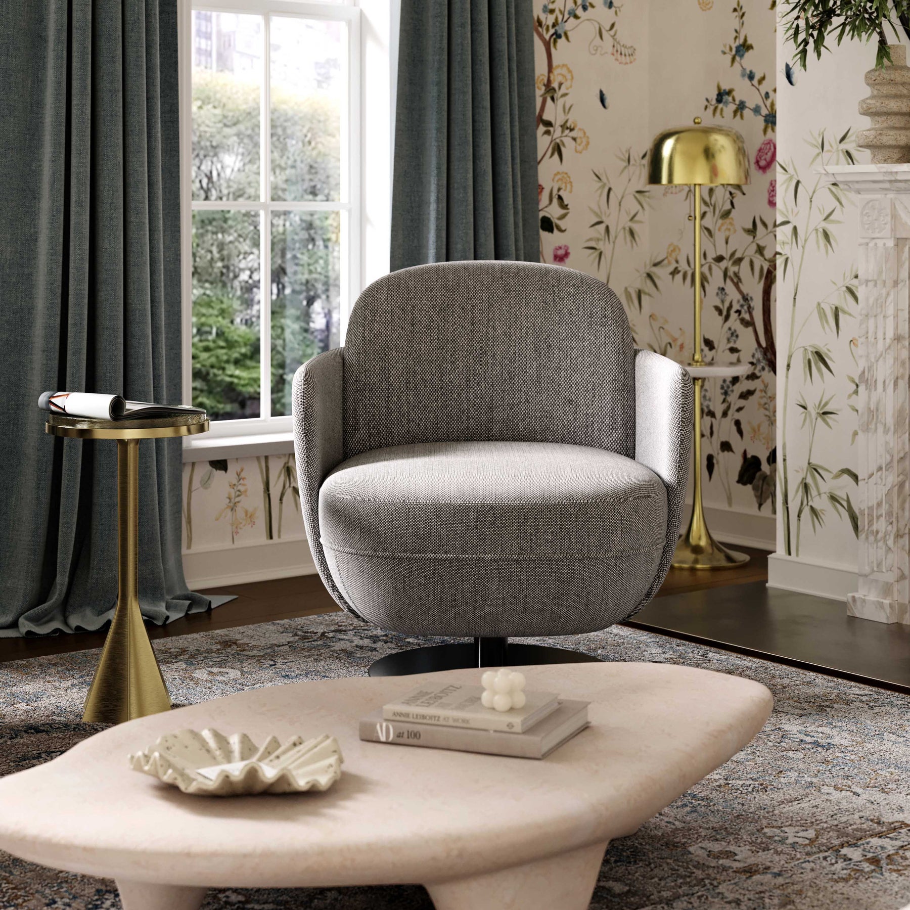 Solange Grey Textured Contract-Grade Weave Fabric Swivel Accent Chair