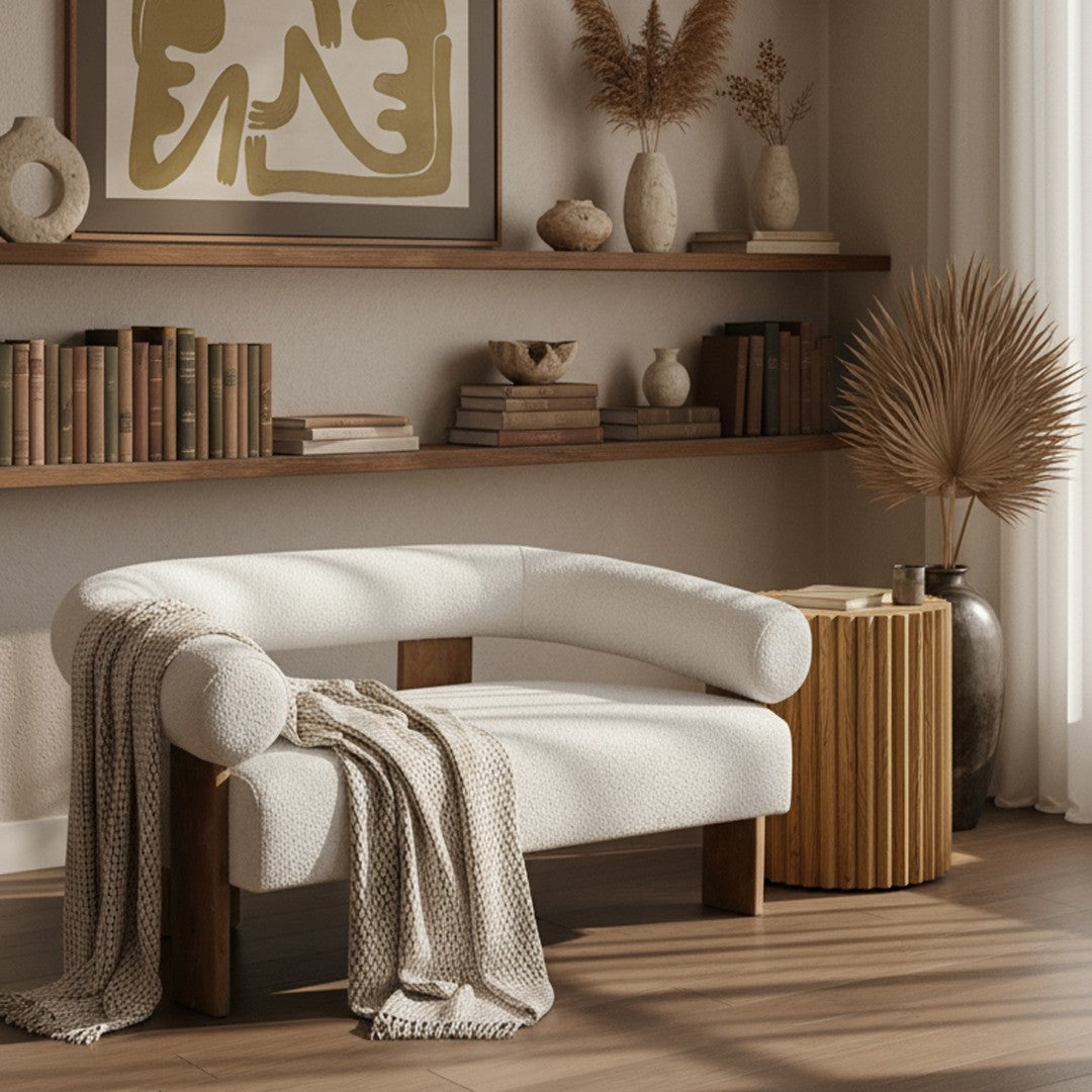 Aledo - Modern Off-White Fabric + Oak Loveseat