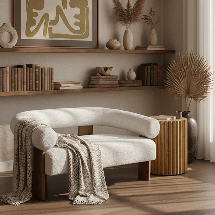 Aledo - Modern Off-White Fabric + Oak Loveseat
