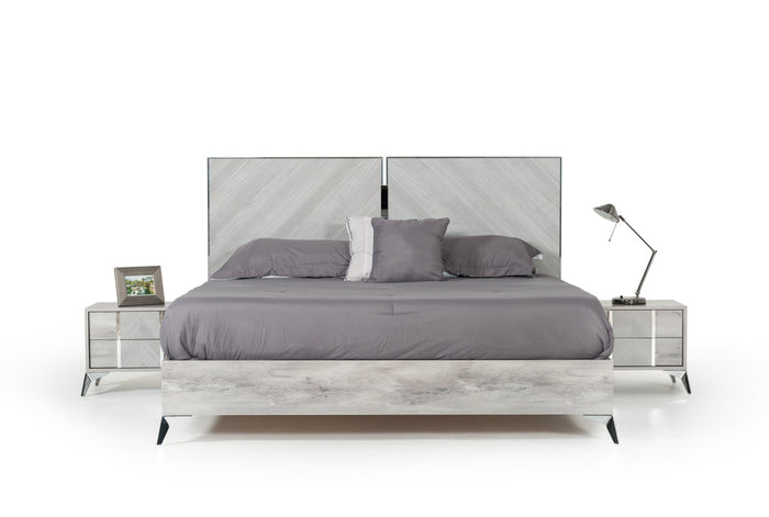 Alexa Italian Modern Grey Bed + 2 Nightstands Set