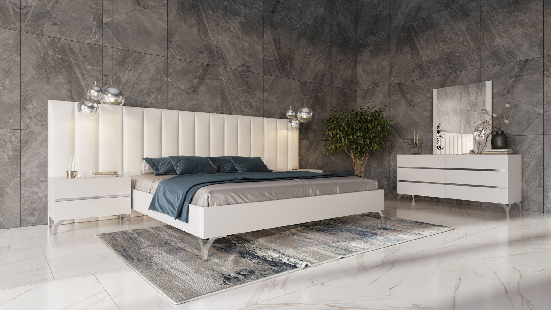 Angela - Italian Modern White Eco Leather 4-Piece Bedroom Set and Wings