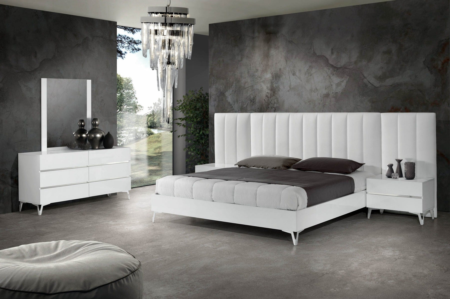 Angela - Italian Modern White Eco Leather Bed w/ Nightstands and Wings