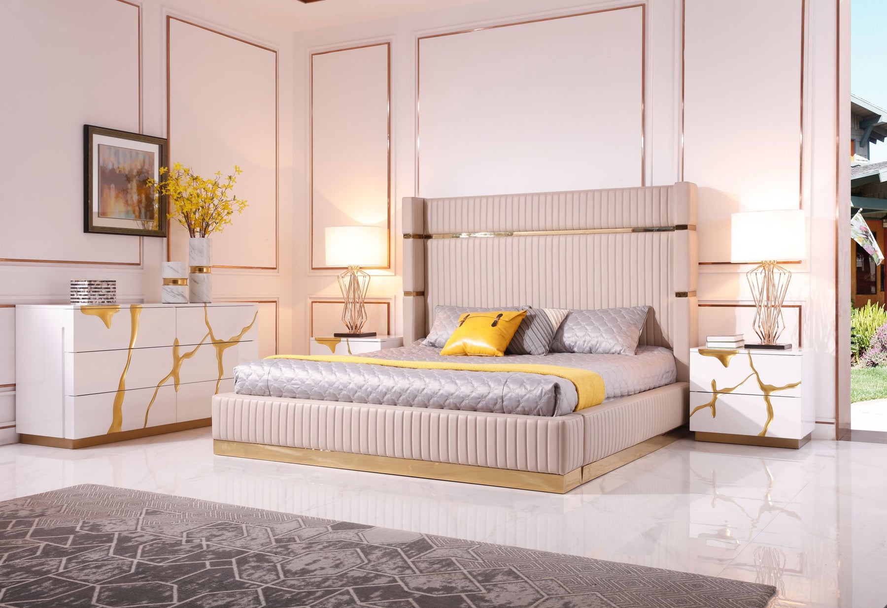 Sterling Modern Beige + Gold Bed + Nightstands