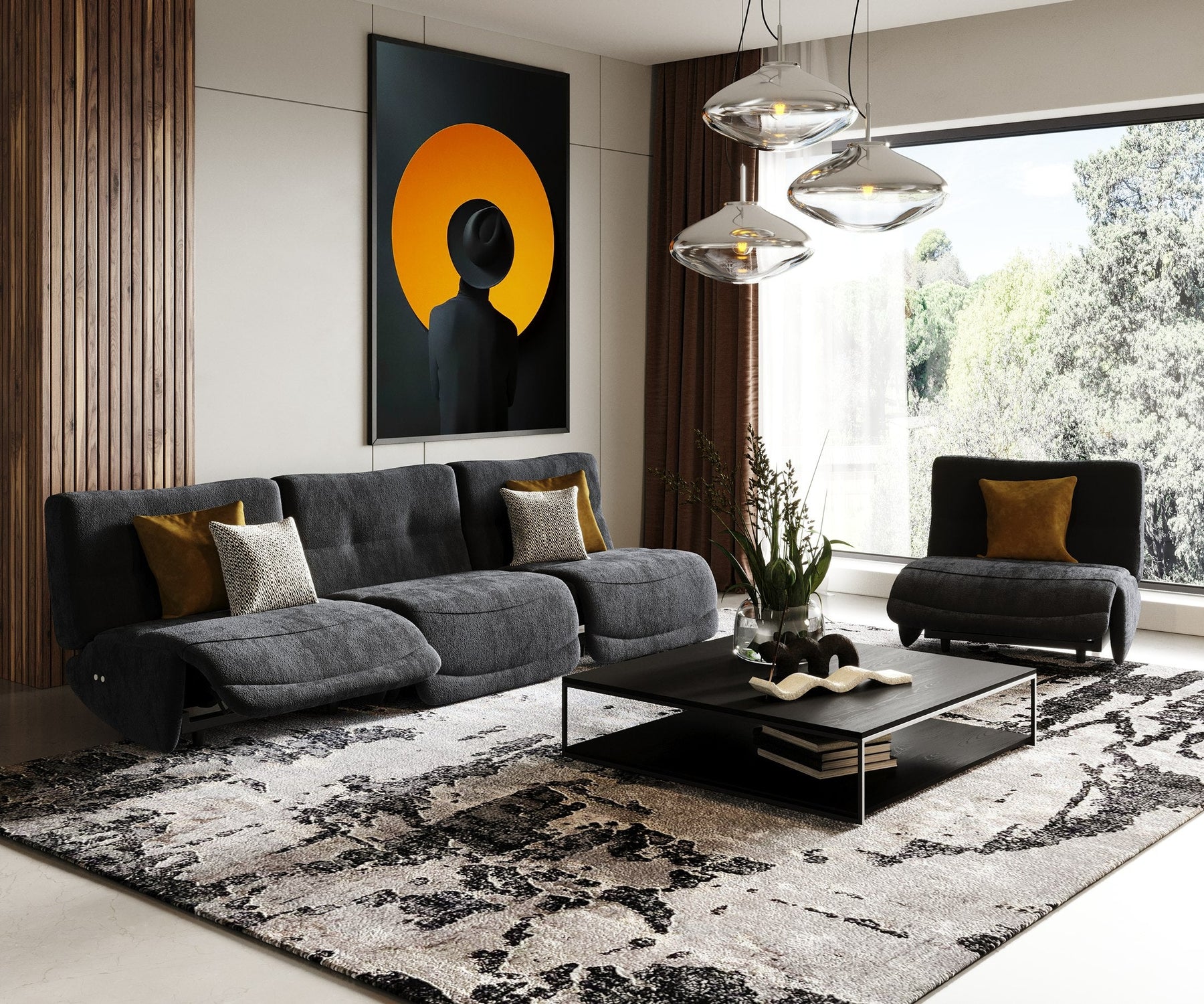 Basil - Modern Black Fabric Large Sofa With 3 Electric Recliners