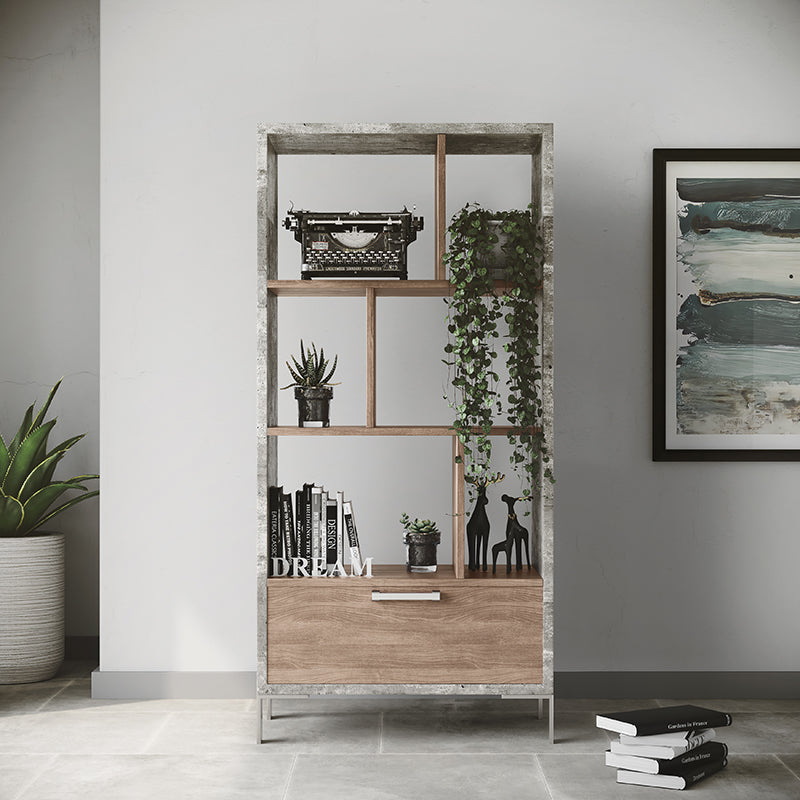 Boston Modern Brown Oak & Faux Concrete Bookcase
