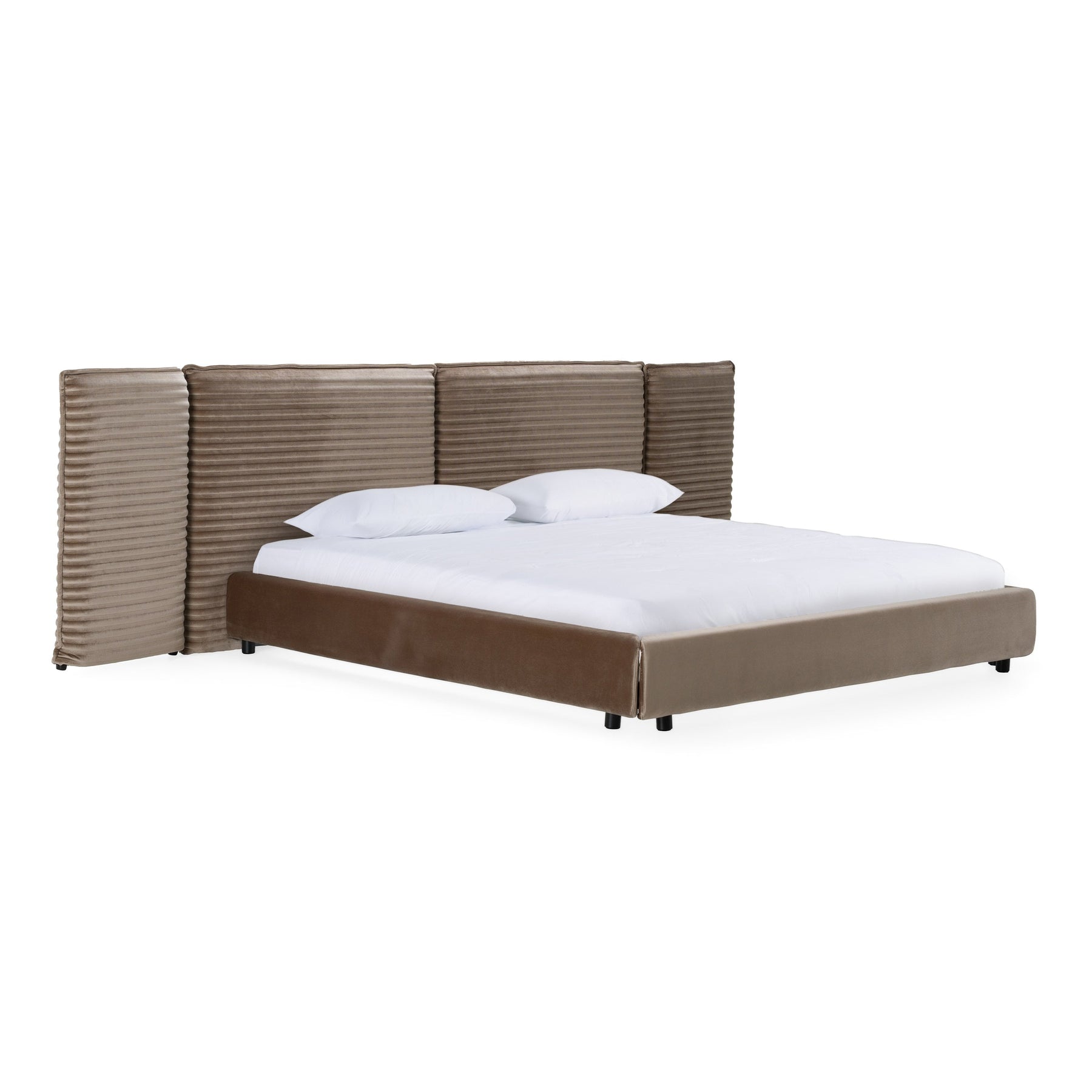 Breslow + Lago - Modern Dark Taupe Fabric + Faux Travertine 4-Piece Bedroom Set