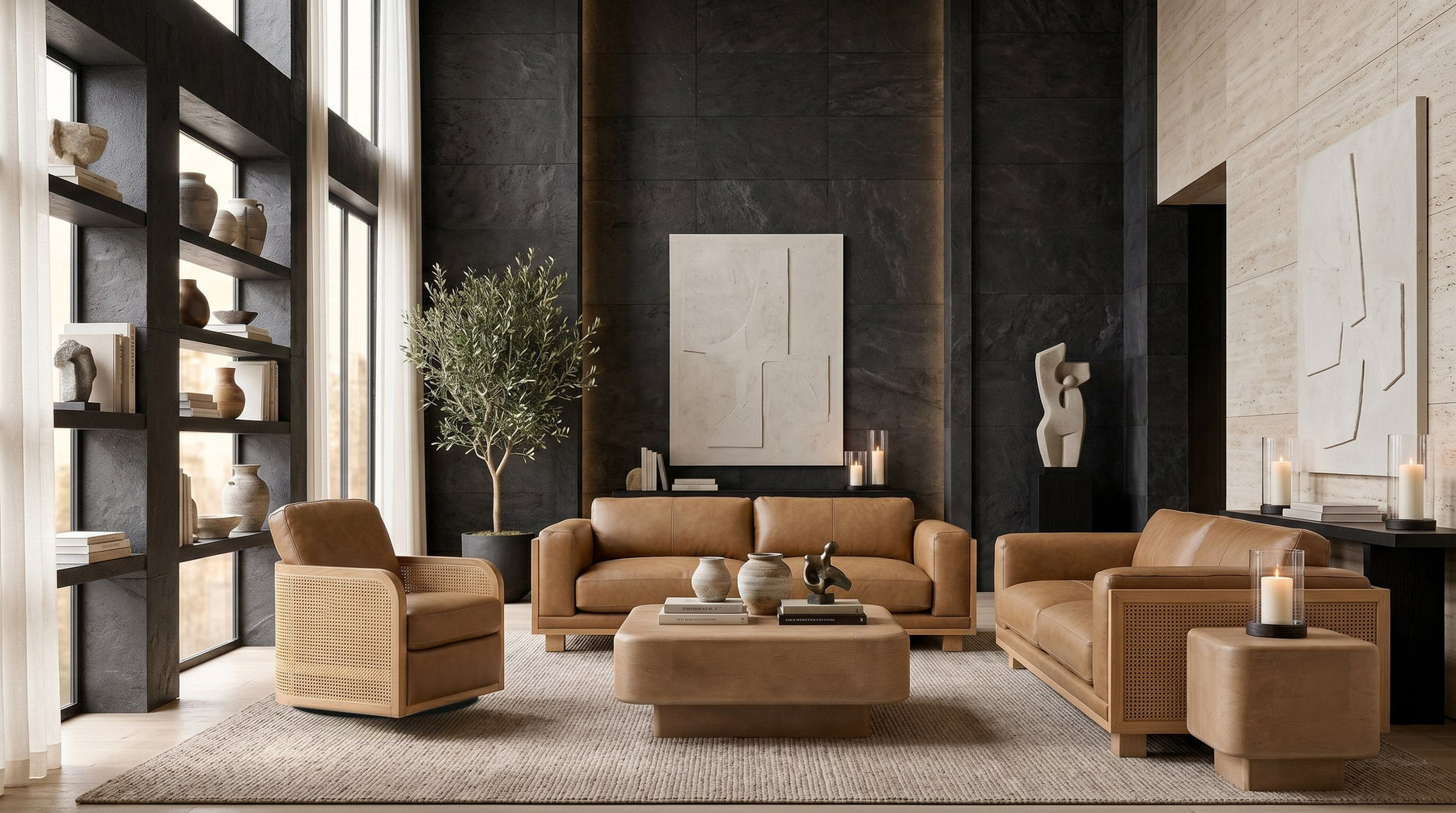Danson - Modern Tan Leather + Wicker Swivel Accent Chair