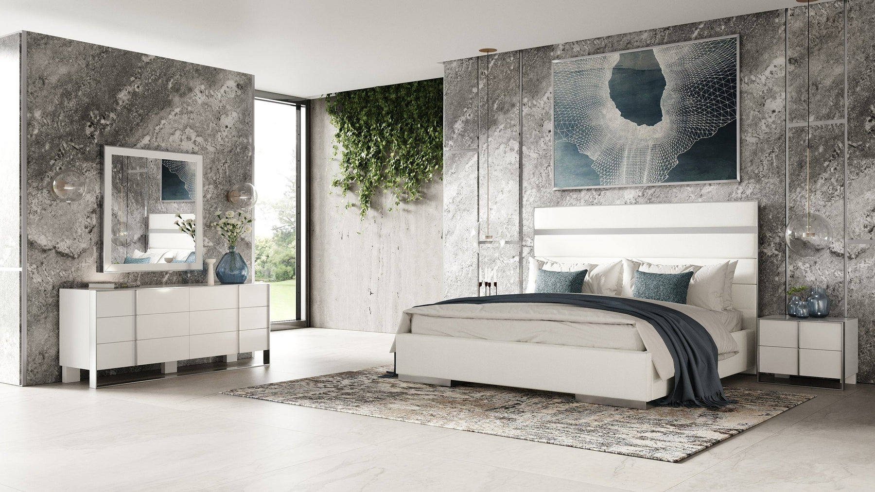 Cartier - Modern White Vegan Leather + Stainless Steel 4-Piece Bedroom Set