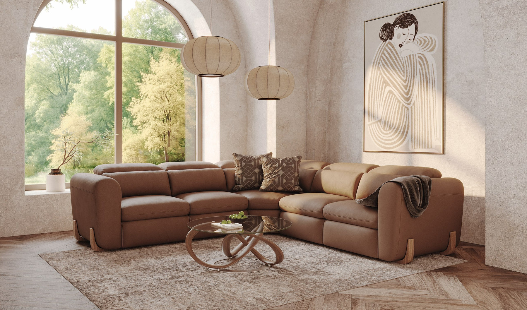 Conrad - Modern Brown Leather Sectional Sofa with 3 Recliners