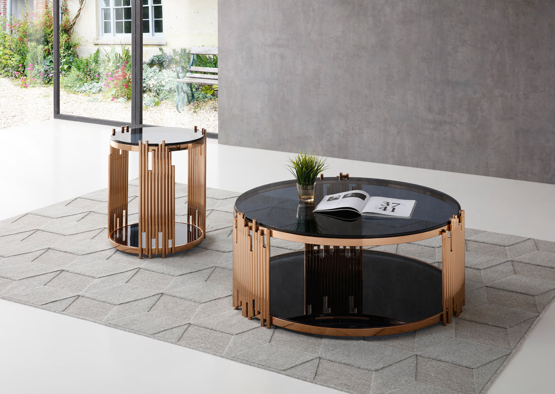 Bryce Modern Smoked Glass & Rosegold Round Coffee Table