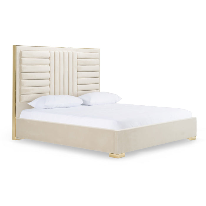 Daystar + Roma - Modern Beige Velvet + Travertine + Gold Bedroom Set