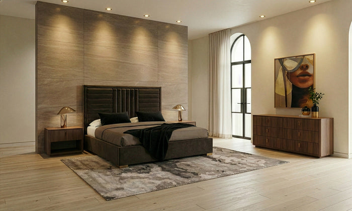 Daystar + Roma - Modern Dark Brown Velvet + Walnut 4-Piece Bedroom Set