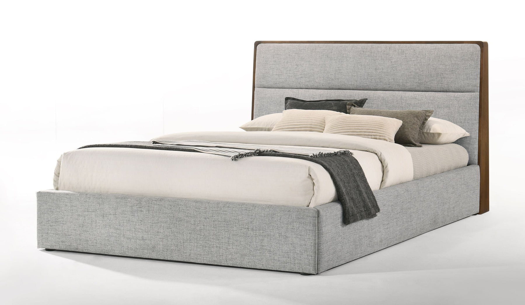 Dustin - Modern Grey Fabric & Walnut Trimmed Bed