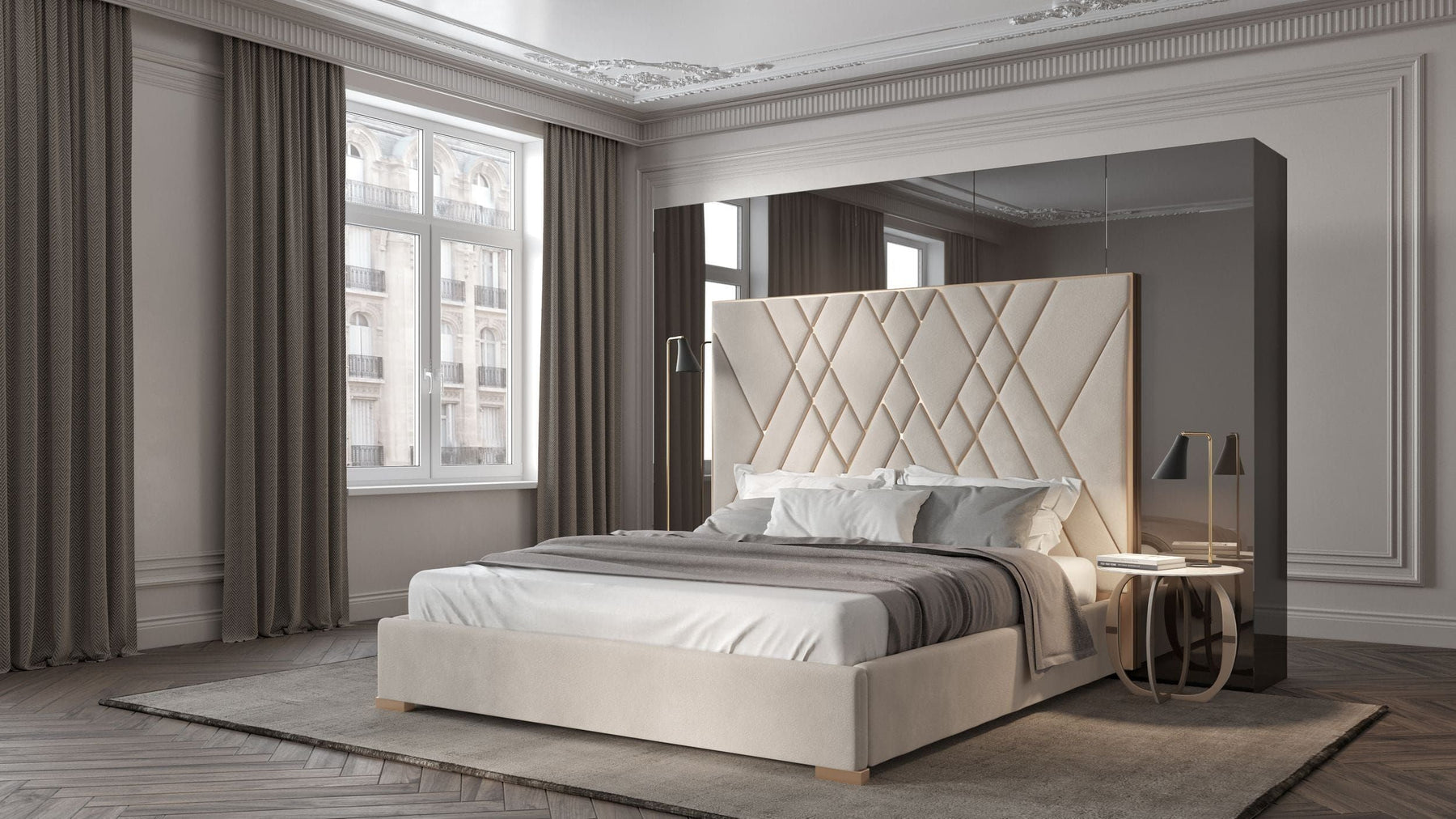 Eldora - Glam Beige Velvet and Brushed Brass Bed