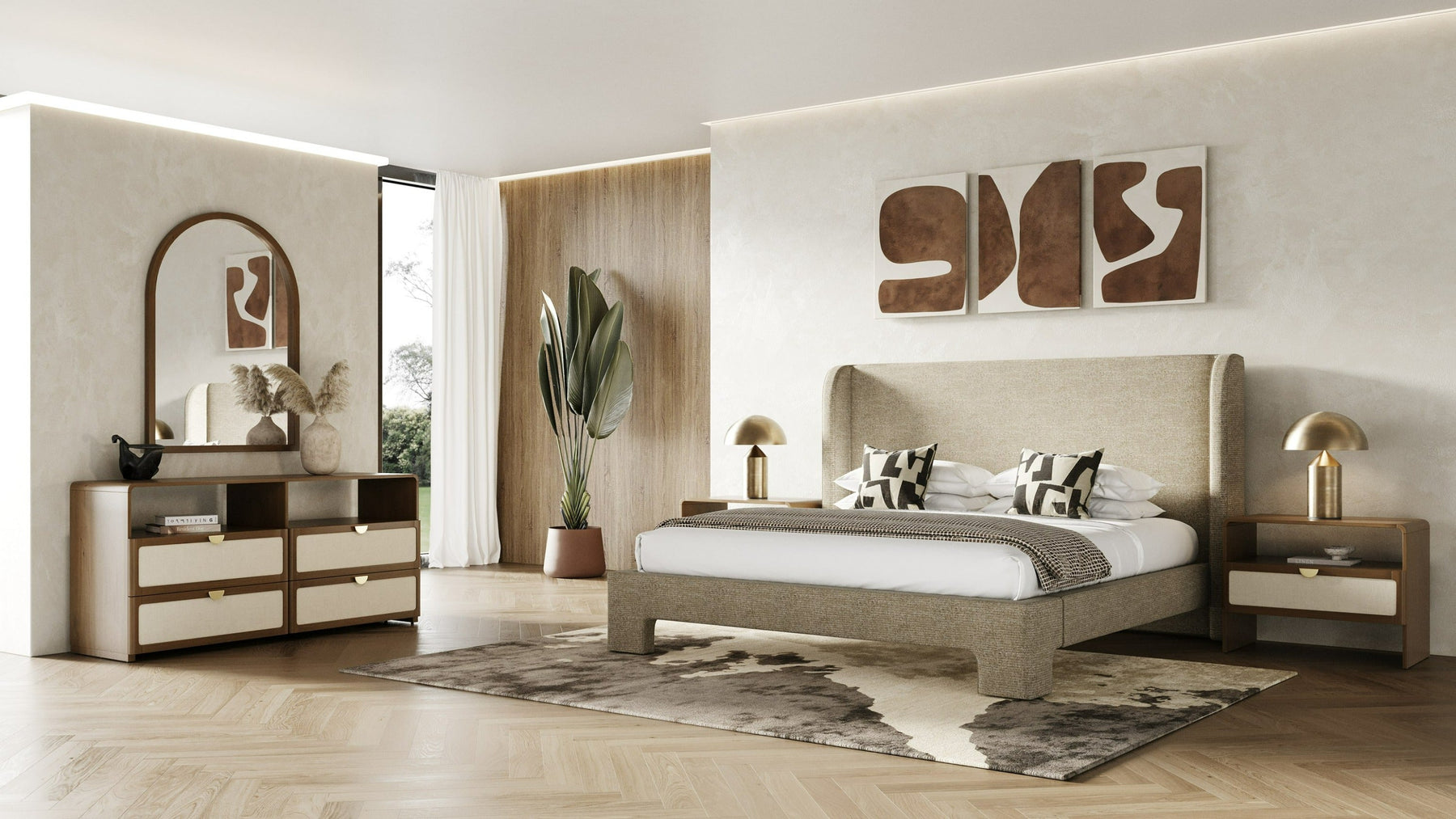 Emilio - Modern Beige Fabric + Burlap + Walnut 4-Piece Bedroom Set