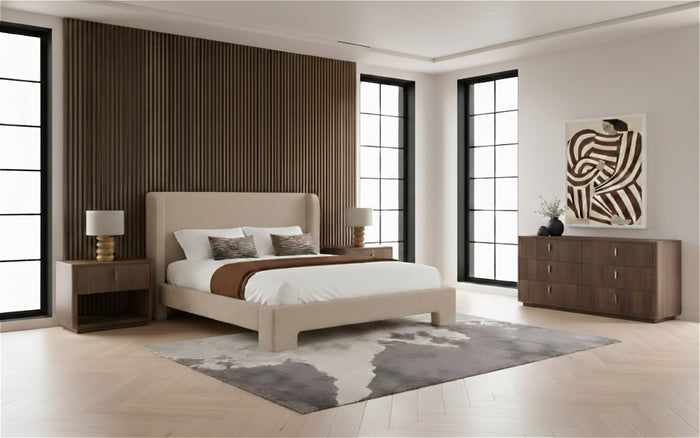 Emilio + Roma - Modern Beige Fabric + Walnut 4-Piece Bedroom Set