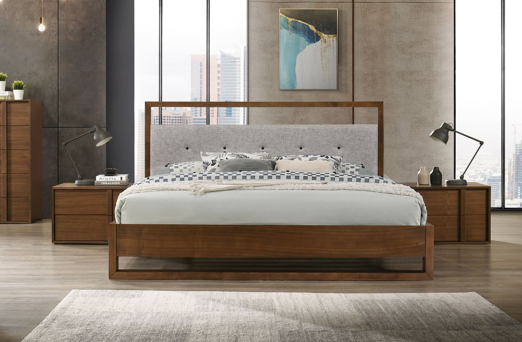 Falcor - Modern Grey Fabric & Walnut Veneer Bed