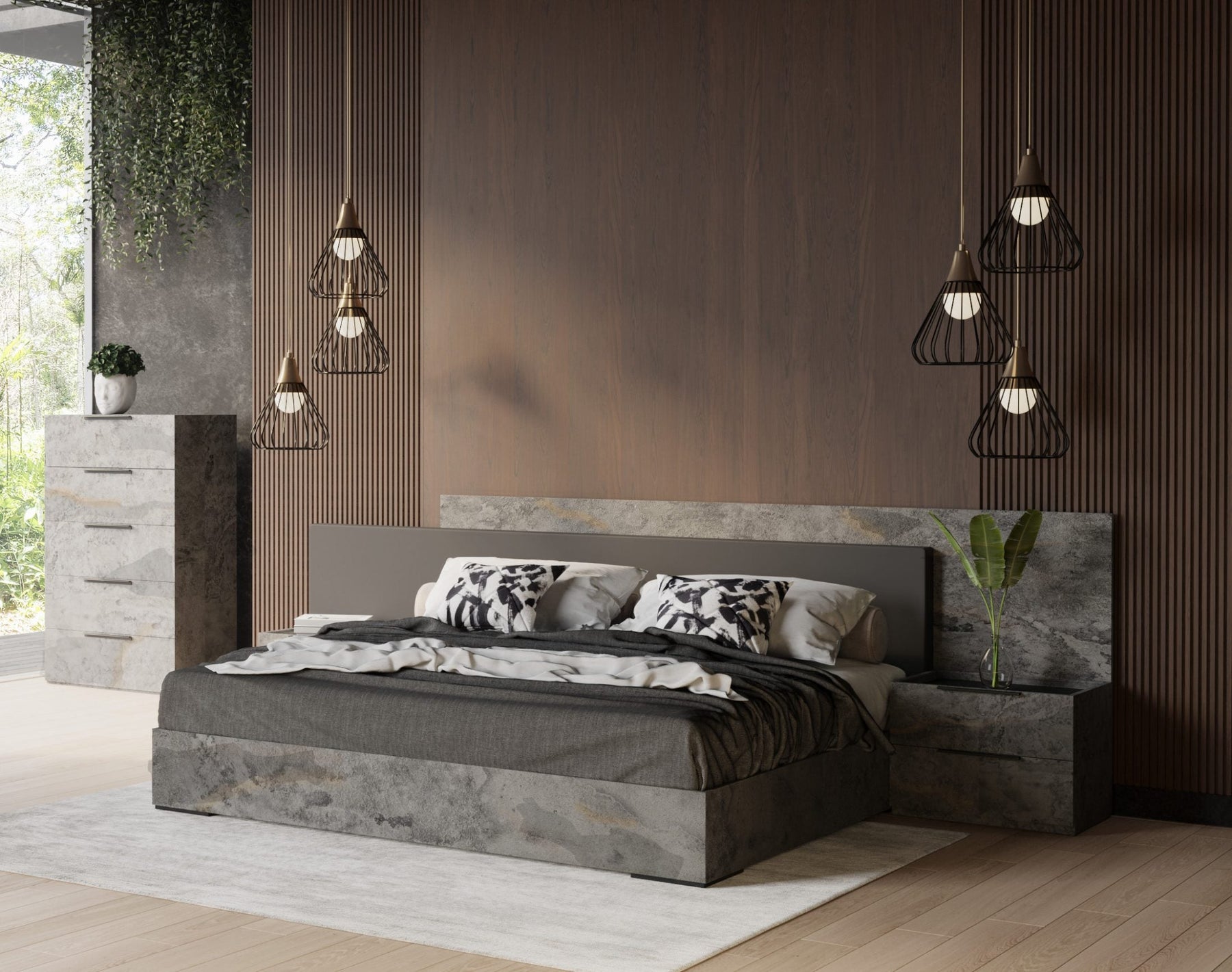 Ferrara - Modern Volcano Oxide Grey Bed with Nightstands