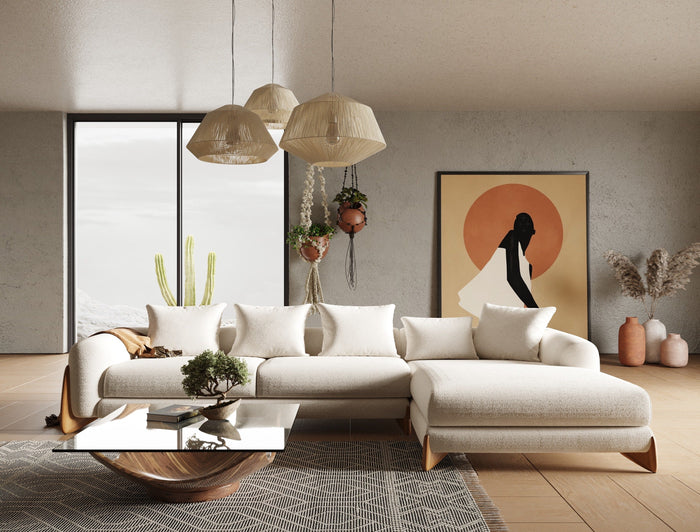 Fleury - Contemporary Cream Fabric and Walnut RAF Sectional Sofa