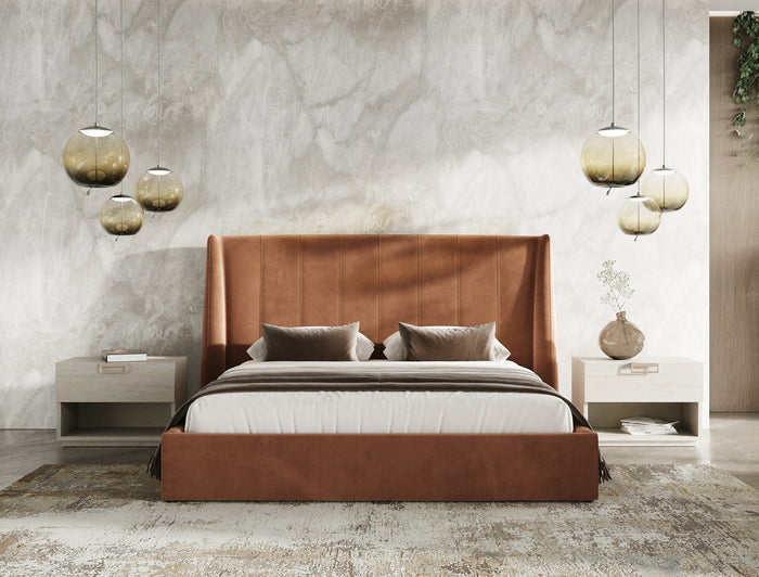 Roma + Lago - Modern Burnt Orange Velvet + Faux Travertine Bed + Nightstands Set