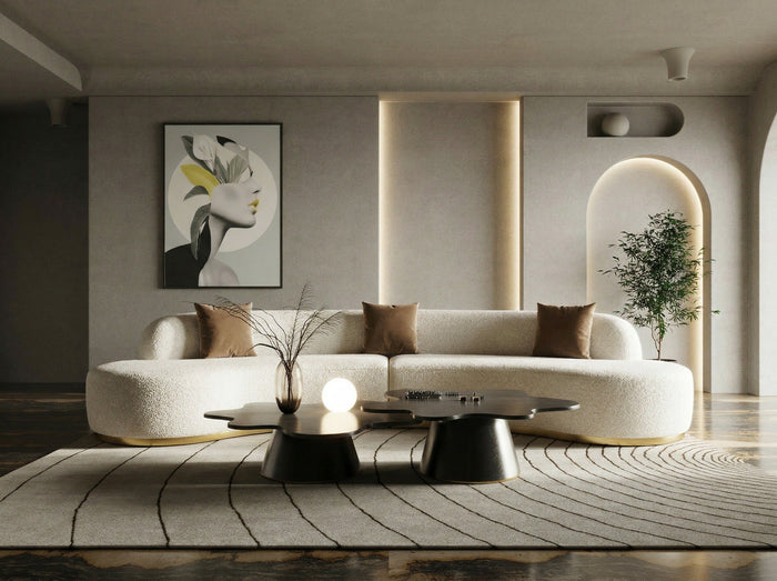 Frontier - Glam Beige Fabric Curved Sectional Sofa with Beige Pillows