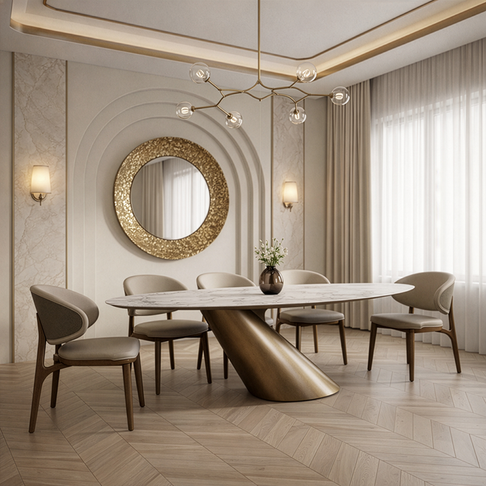 Gresham - Contemporary White Ceramic + Brushed Brass Dining Table