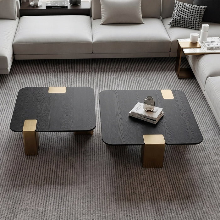 Harold - Modern Black + Brushed Gold Oak Square Nesting Coffee Table Set