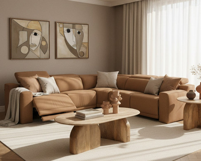 Horton - Modern Brown Fabric Sectional Sofa w/ 3 Recliners