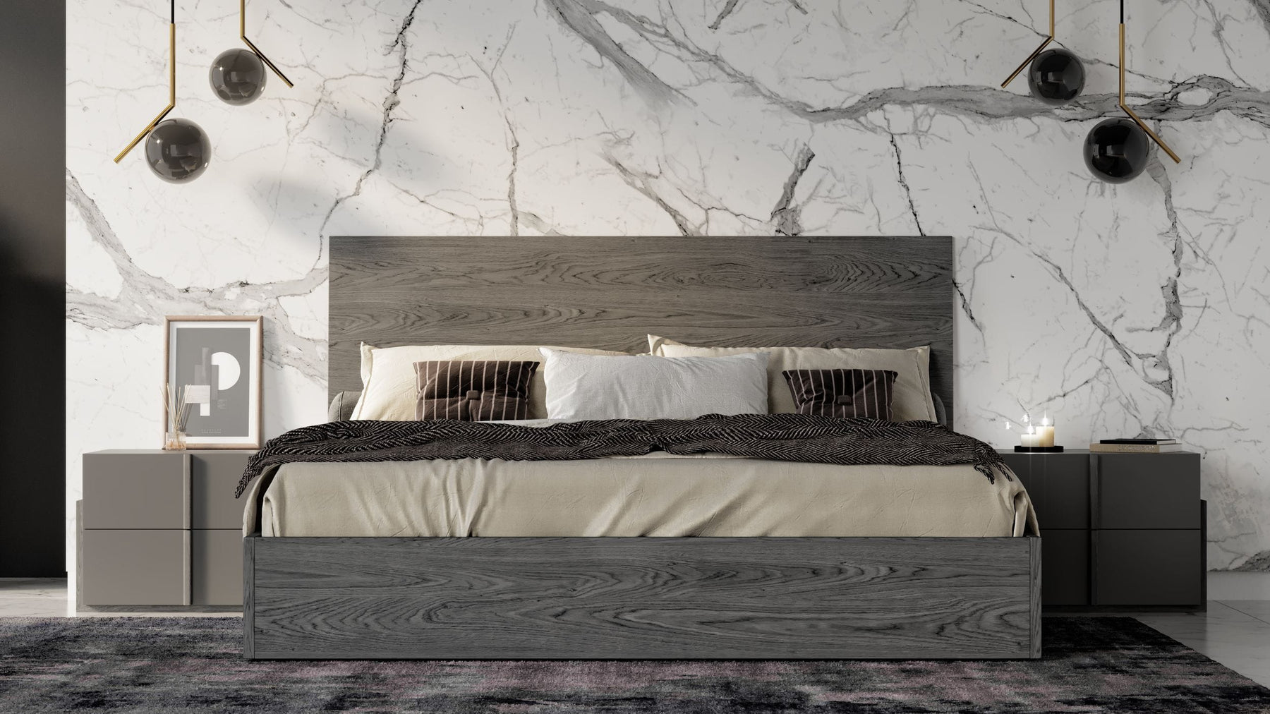 Lucia - Italian Modern Matte Grey / Elm Grey Bed + 2 Nightstands Set