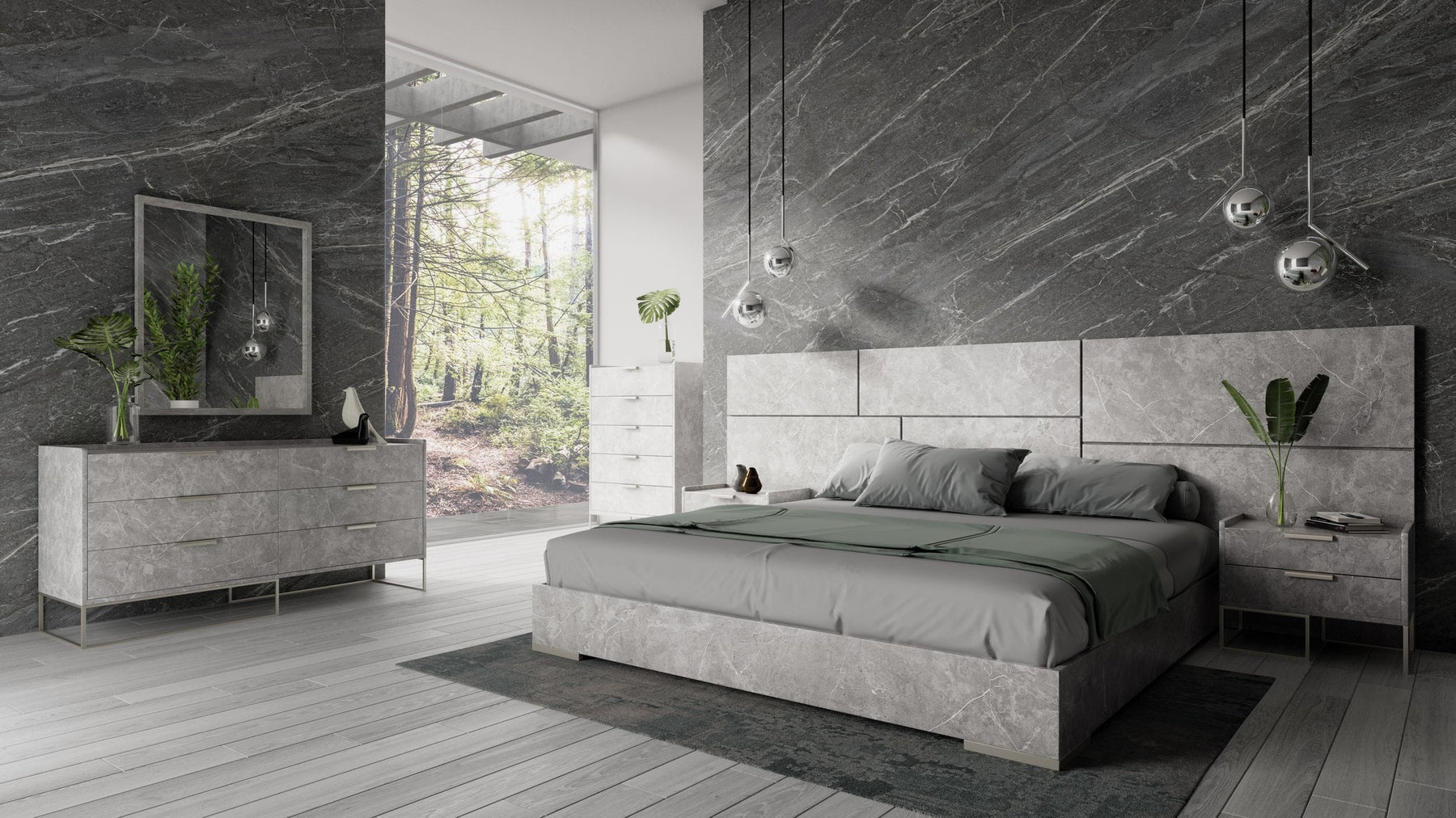Marbella - Italian Modern Grey Marble Bed w/ 2 Nightstands