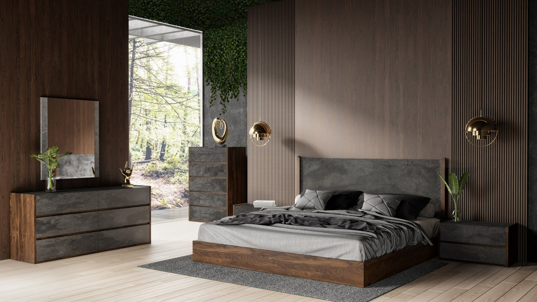 Rado - Modern Walnut & Volcanic Slate 4-Piece Bedroom Set