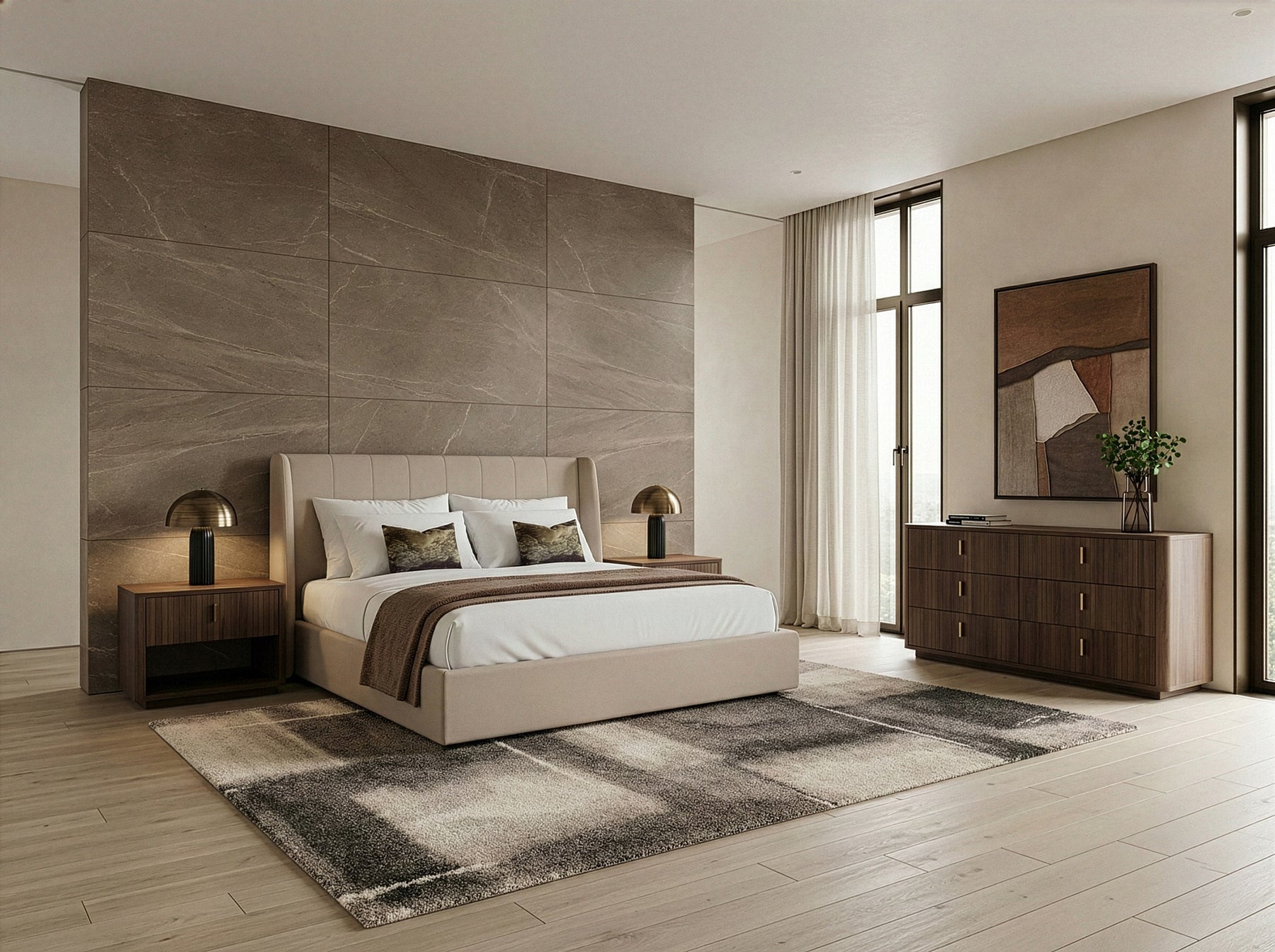 Kiro + Roma - Modern Tan Fabric + Walnut 4-Piece Bedroom Set