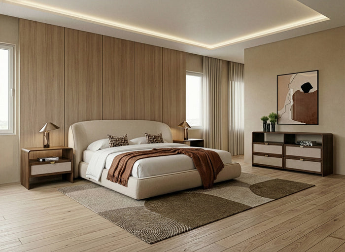 Lambert + Emilio - Modern Beige Fabric + Walnut + Burlap 4-Piece Bedroom Set