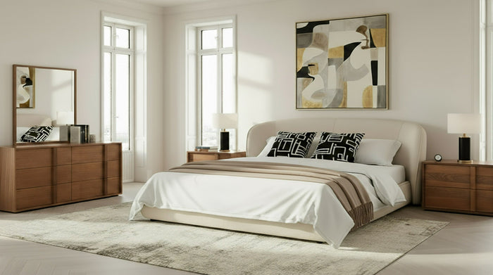 Lambert + Berlin - Modern Beige Fabric + Walnut 4-Piece Bedroom Set